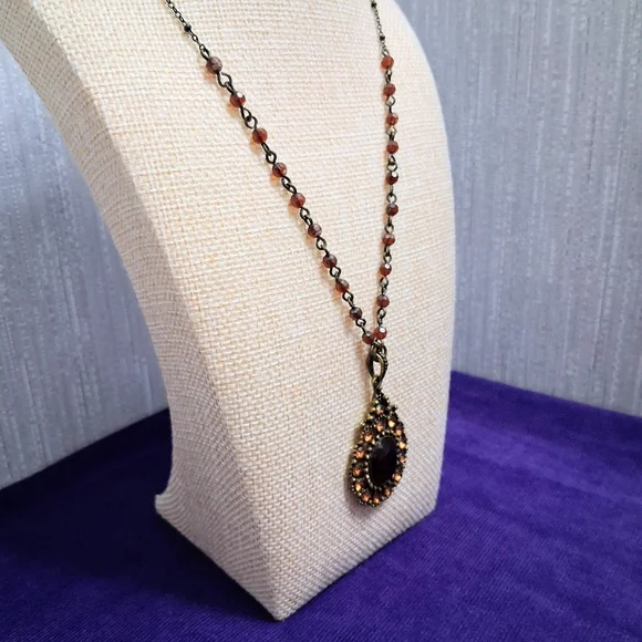 Vintage Avon Victorian Revival Necklace Honey Amber Toned Stone Teardrop Beaded - Picture 3 of 17